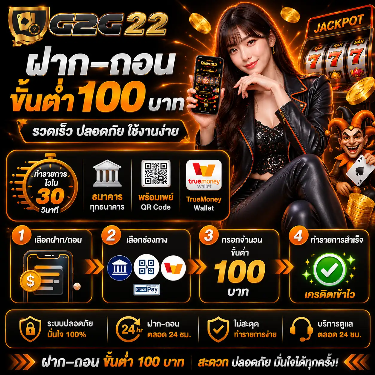 ฝาก–ถอนขั้นต่ำ 100 บาท (ธนาคาร/พร้อมเพย์/TrueMoney Wallet)
